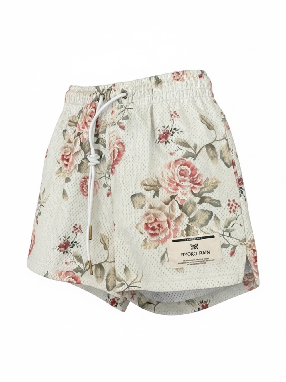 RYOKO RAIN Floral Mesh Shorts Unisex Small Cream Rose Print Drawstring